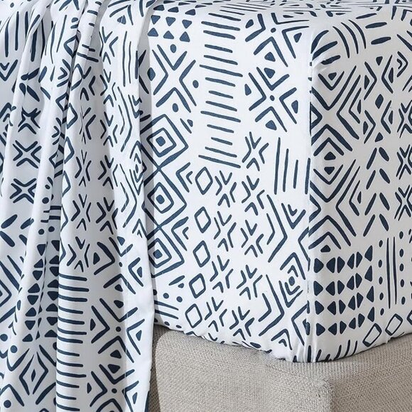 🆕4 Piece Blue King Bed Sheet Boho Geometric Patterned Soft & Wrinkle Bed Set - Picture 5 of 7